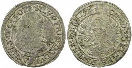 WÜRTTEMBERG-ÖLS: Sylvius Friedrich, 1664-1697, AR 6 kreuzer, 1674, KM-9, initials SP (P over F), obverse die break, struck with roller dies, EF.
Esti...