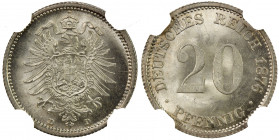 GERMANY: Wilhelm I, 1871-1888, AR 20 pfennig, 1876-D, KM-5, fully lustrous, NGC graded MS64.
Estimate: USD 60 - 90