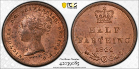 GREAT BRITAIN: Victoria, 1837-1901, AE ½ farthing, 1844, KM-738, S-3951, a lovely quality red lustrous example! PCGS graded MS63 RB. Originally struck...