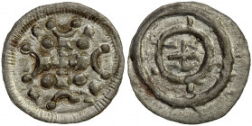 HUNGARY: AR denar (0.19g), ND (12th century), Huszár-89, cross with four points in a circle of four crescent moons and four crosses // central cross w...
