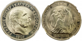 HUNGARY: Franz Joseph I, 1848-1916, AR 5 korona, 1907-KB, KM-489, 40th Anniversary of the Coronation of Franz Joseph, restrike, a lovely example!
Est...