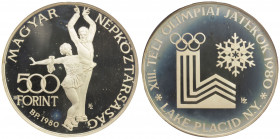 HUNGARY: Peoples Republic, AR 500 forint, 1980-BP, KM-P26, piedfort issue of KM-619, XIII Winter Olympics in Lake Placid, figure skaters, mintage of o...