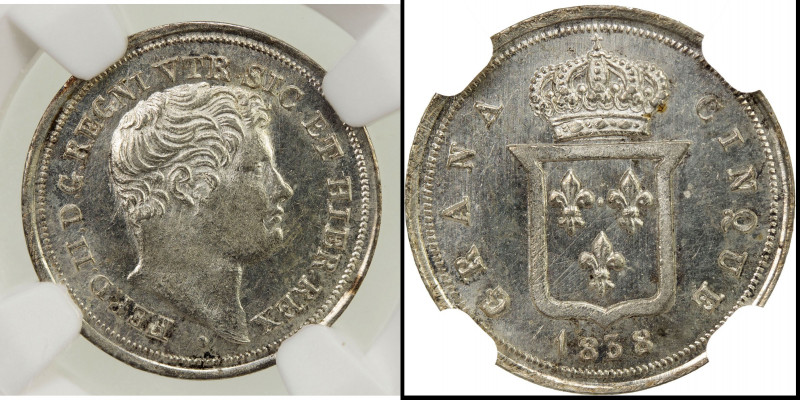 NAPLES & SICILY: Ferdinando II, 1830-1859, AR 5 grana, 1838, KM-326, lustrous, N...