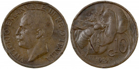 ITALY: Vittorio Emanuele III, 1900-1946, AE 10 centesimi, 1919-R, KM-60, various nicks, reverse scratch, key date, EF.
Estimate: USD 70 - 100
