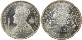 SWEDEN: Oscar II, 1872-1907, AR 2 kronor, 1897, KM-762, brilliant, mirror-like surfaces with frosty devices, NGC graded MS65.
Estimate: USD 50 - 75
