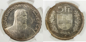 SWITZERLAND: AR 5 francs, 1923-B, KM-37, large-sized, two-year type, very light peripheral tone, NGC graded MS63.
Estimate: USD 100 - 130