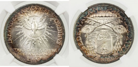 VATICAN: City State, AR 10 lire, 1939, KM-21, spectacular multicolored peripheral toning, one-year Sede Vacante type, a lovely example! NGC graded MS6...