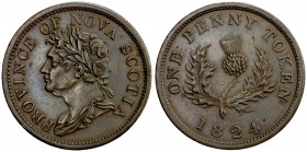 NOVA SCOTIA: Province, AE penny token (17.42g), 1824, KM-2, Charlton-NS-2A3, Breton-868, Courteau-262, three thick locks at top, E in PROVINCE is defe...