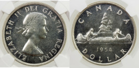 CANADA: Elizabeth II, 1952—, AR dollar, 1954, KM-D4, lightly toned, mintage of only 5,300 pieces (shoulder fold type), NGC graded PL 65, S. 
Estimate...