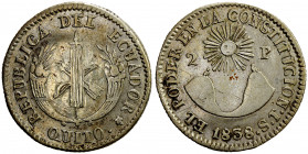 ECUADOR: Republic, AR 2 reales, 1838, KM-18, assayer ST, tooled, including lines on obverse fasces, VF, ex Wolfgang Schuster Collection. 
Estimate: U...