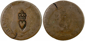 MARTINIQUE: First Republic, AE 5 centimes, DM, KM-640 (France), crowned heart incuse countermark, tentative attribution, but likely, flan crack on hos...