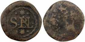 MEXICO: AE token (6.85g), 23mm, possibly counterstamped S.P.N.L. with stars above and below, dots in field, on uncertain host, VF. Attribution to Mexi...