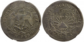 MEXICO: Revolutionary Issue, AR peso, Guerrero, 1914, KM-641, rays around liberty cap, all within wreath; "bent", presumably slightly bent when struck...