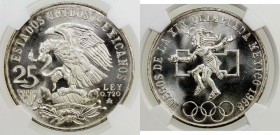 MEXICO: Estados Unidos, AR 25 pesos, 1968-Mo, KM-479.1, Olympic Games-Mexico City, type 1 with rings aligned, fantastic cartwheel luster, NGC graded M...