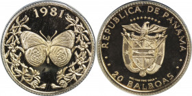 PANAMA: AV 20 balboas, 1981, KM-72.500 fineness, Figure of Eight Butterfly, in original slip, Proof.
Estimate: USD 65 - 75