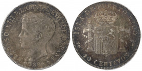 PUERTO RICO: Alfonso XIII, 1886-1898, AR 40 centavos, 1896 PG-V, KM-23, attractive multicolor toning, struck at Madrid, PCGS graded AU55.
Estimate: U...