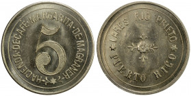 PUERTO RICO: 5 units token (5.00g), ND (ca. 1920?), Rulau-Lrs 30, Margarita de Magraner, Rio Prieto, Lares Municipio, large fancy 5 at center with HAC...