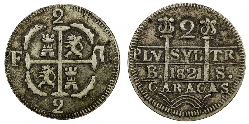 VENEZUELA: Caracas, 2 reales (4.56g), 1821, as Craig-6.2, initials BS, contempor...