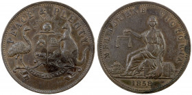 AUSTRALIA: AE penny token, 1858, KM-Tn285.1, Peace and Plenty, Melbourne, Victoria, a few minor reverse stains, EF.
Estimate: USD 80 - 110