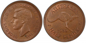 AUSTRALIA: George VI, 1936-1952, AE halfpenny, 1939, KM-41, kangaroo type, key date, PCGS graded MS63 BN.
Estimate: USD 60 - 90