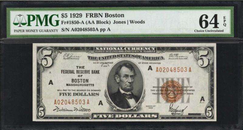 Fr. 1850-A. 1929 $5 Federal Reserve Bank Note. Boston. PMG Choice Uncirculated 6...