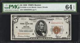 Fr. 1850-A. 1929 $5 Federal Reserve Bank Note. Boston. PMG Choice Uncirculated 64 EPQ.

This boldly printed Boston note appears to border the Gem gr...