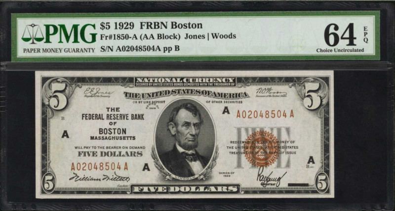 Fr. 1850-A. 1929 $5 Federal Reserve Bank Note. Boston. PMG Choice Uncirculated 6...