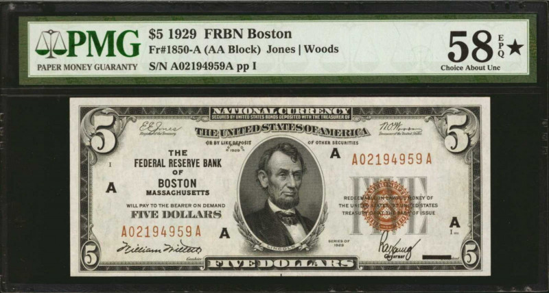 Fr. 1850-A. 1929 $5 Federal Reserve Bank Note. Boston. PMG Choice About Uncircul...