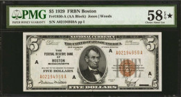 Fr. 1850-A. 1929 $5 Federal Reserve Bank Note. Boston. PMG Choice About Uncirculated 58 EPQ.

A well margined example of this Boston FRBN that exhib...