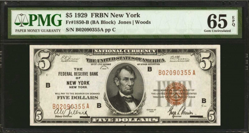 Fr. 1850-B. 1929 $5 Federal Reserve Bank Note. New York. PMG Gem Uncirculated 65...