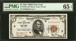 Fr. 1850-B. 1929 $5 Federal Reserve Bank Note. New York. PMG Gem Uncirculated 65 EPQ.

A lovely Gem $5 FRBN, with dark brown overprints and good emb...
