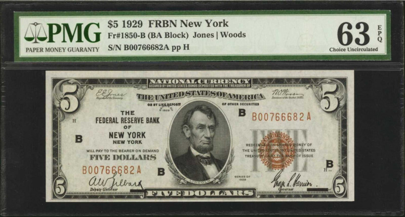 Fr. 1850-B. 1929 $5 Federal Reserve Bank Note. New York. PMG Choice Uncirculated...