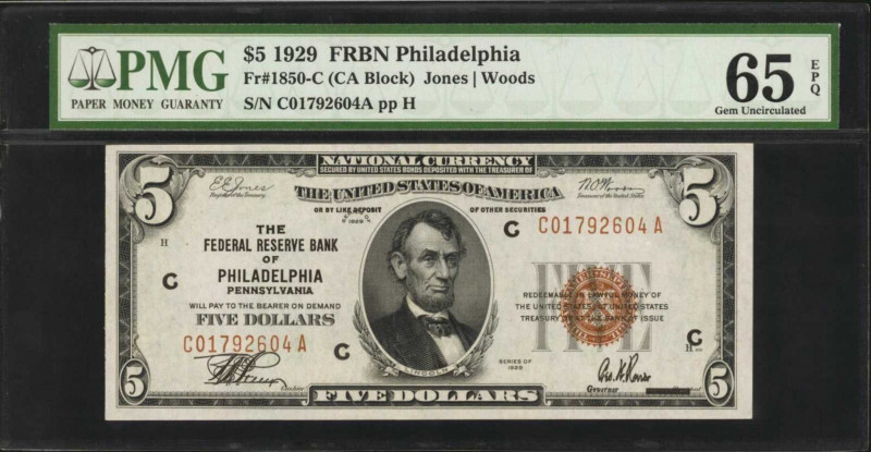 Fr. 1850-C. 1929 $5 Federal Reserve Bank Note. Philadelphia. PMG Gem Uncirculate...
