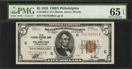 Fr. 1850-C. 1929 $5 Federal Reserve Bank Note. Philadelphia. PMG Gem Uncirculated 65 EPQ.

A very well centered Philadelphia district $5 that featur...