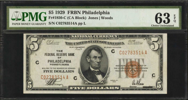 Fr. 1850-C. 1929 $5 Federal Reserve Bank Note. Philadelphia. PMG Choice Uncircul...
