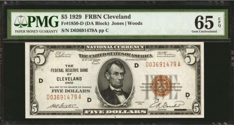 Fr. 1850-D. 1929 $5 Federal Reserve Bank Note. Cleveland. PMG Gem Uncirculated 6...