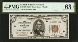 Fr. 1850-D. 1929 $5 Federal Reserve Bank Note. Cleveland. PMG Choice Uncirculated 63 EPQ.

A pleasing Cleveland Five that shows with super centering...