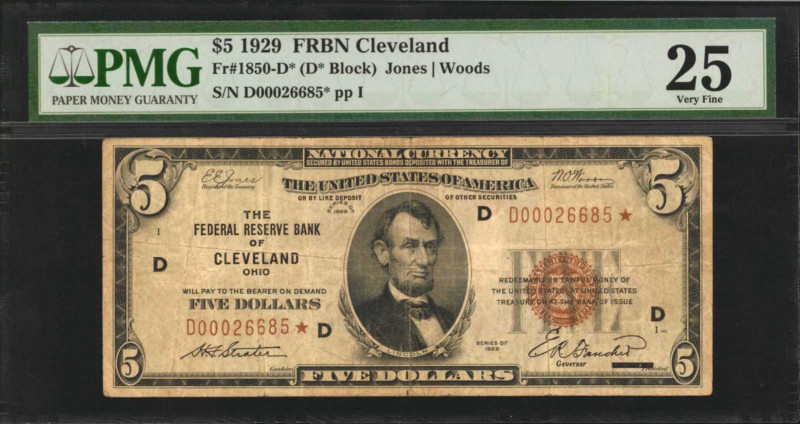 Fr. 1850-D*. 1929 $5 Federal Reserve Bank Star Note. Cleveland. PMG Very Fine 25...