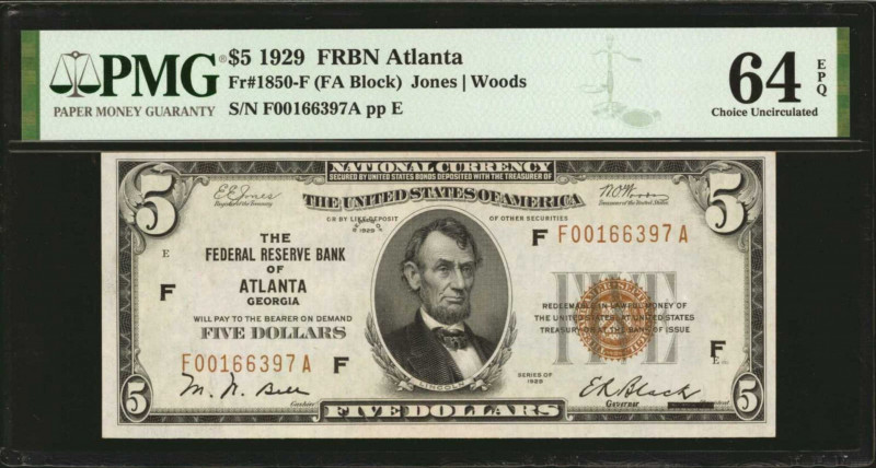 Fr. 1850-F. 1929 $5 Federal Reserve Bank Note. Atlanta. PMG Choice Uncirculated ...