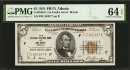Fr. 1850-F. 1929 $5 Federal Reserve Bank Note. Atlanta. PMG Choice Uncirculated 64 EPQ.

A remarkable offering of this Atlanta district that shows w...