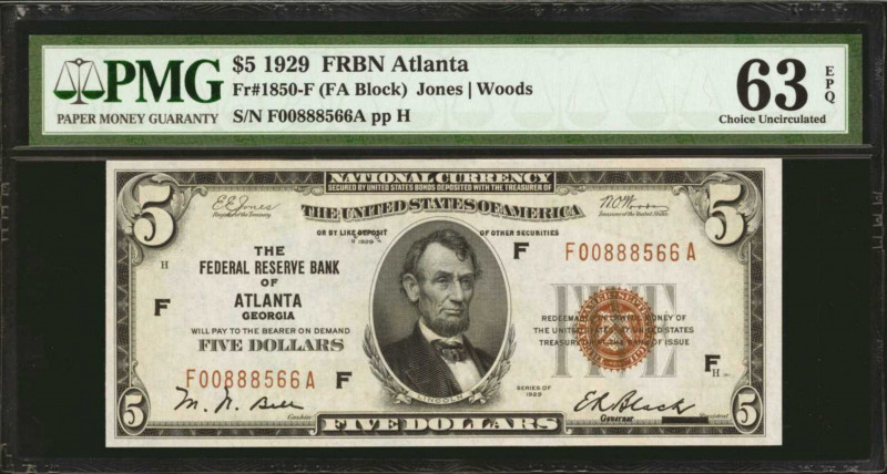 Fr. 1850-F. 1929 $5 Federal Reserve Bank Note. Atlanta. PMG Choice Uncirculated ...