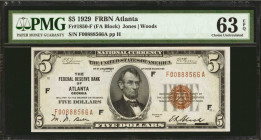 Fr. 1850-F. 1929 $5 Federal Reserve Bank Note. Atlanta. PMG Choice Uncirculated 63 EPQ.

Strong embossing and good centering is found on this toughe...