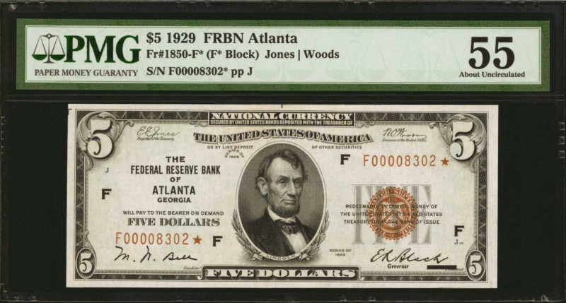 Fr. 1850-F*. 1929 $5 Federal Reserve Bank Star Note. Atlanta. PMG About Uncircul...