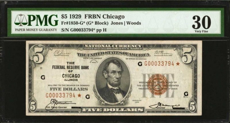 Fr. 1850-G*. 1929 $5 Federal Reserve Bank Star Note. Chicago. PMG Very Fine 30....