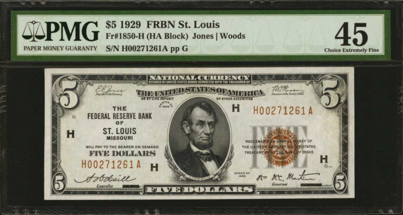 Fr. 1850-H. 1929 $5 Federal Reserve Bank Note. St. Louis. PMG Choice Extremely F...