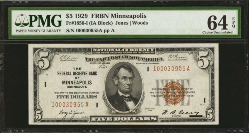 Fr. 1850-I. 1929 $5 Federal Reserve Bank Note. Minneapolis. PMG Choice Uncircula...