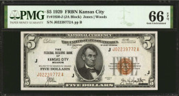 Fr. 1850-J. 1929 $5 Federal Reserve Bank Note. Kansas City. PMG Gem Uncirculated 66 EPQ.

A typical pack fresh note which displays nice margins and ...