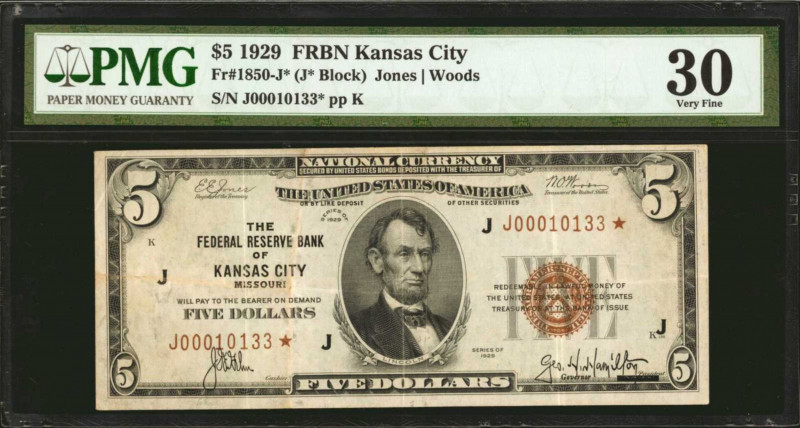 Fr. 1850-J*. 1929 $5 Federal Reserve Bank Star Note. Kansas City. PMG Very Fine ...