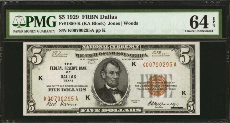 Fr. 1850-K. 1929 $5 Federal Reserve Bank Note. Dallas. PMG Choice Uncirculated 6...