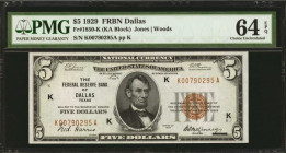 Fr. 1850-K. 1929 $5 Federal Reserve Bank Note. Dallas. PMG Choice Uncirculated 64 EPQ.

A nearly Gem offering of this Dallas FRBN $5, found with goo...